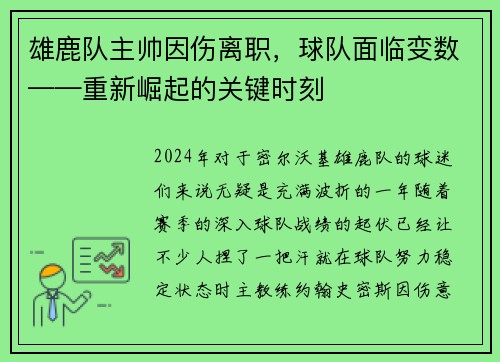 雄鹿队主帅因伤离职，球队面临变数——重新崛起的关键时刻